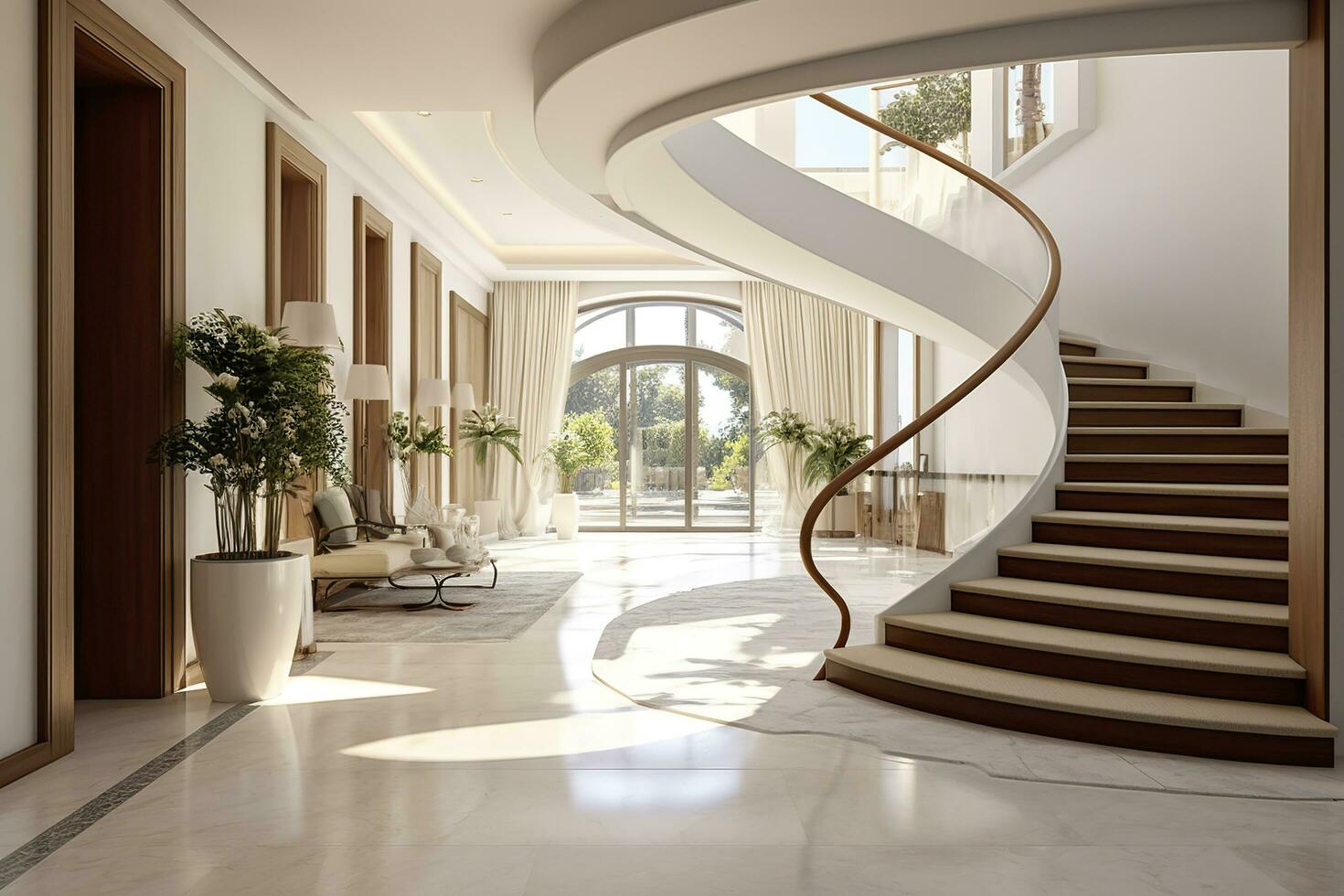 AI generated The interior design of the modern entrance hall with a staircase in the villa. AI Generated photo