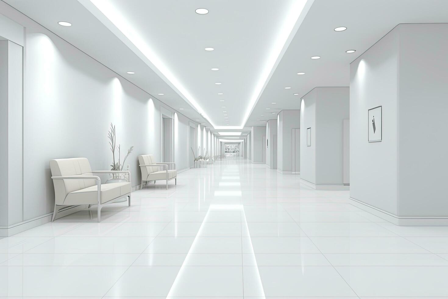 AI generated Interior design of a modern luxurious white building corridor or hallway with waiting seat. AI Generated photo