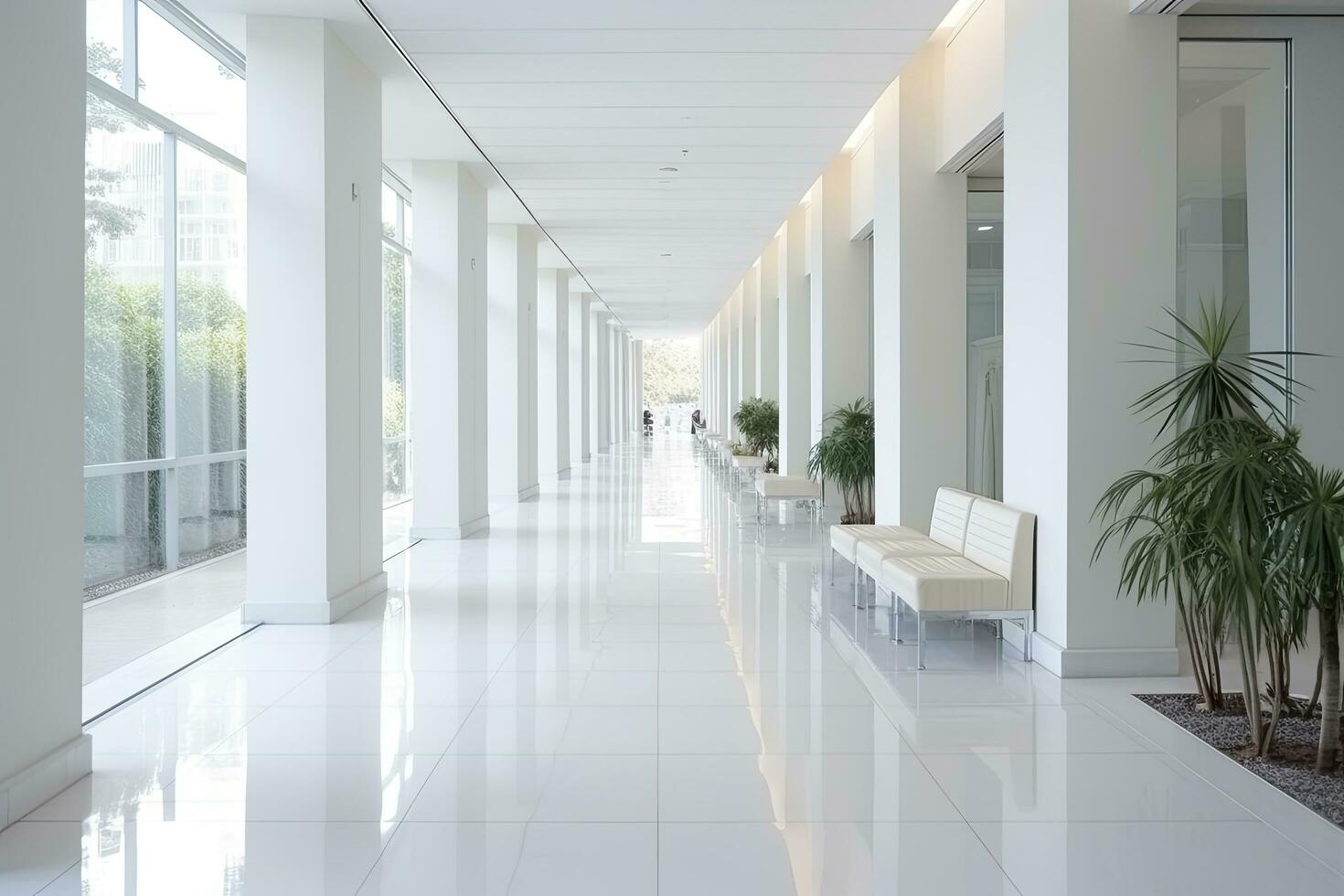 AI generated Interior design of a modern luxurious white building corridor or hallway with waiting seat. AI Generated photo