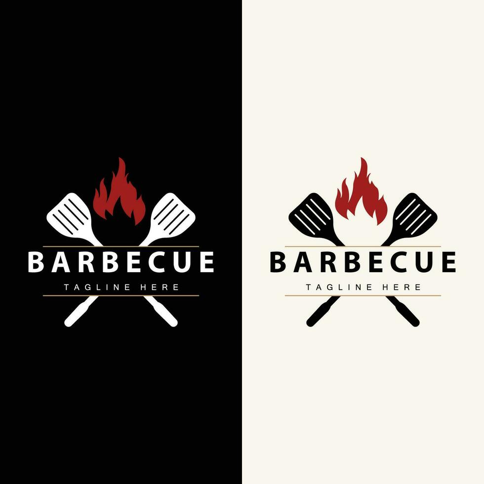 Barbeque logo design bar restaurant hot grill fire logo and spatula simple illustration vector
