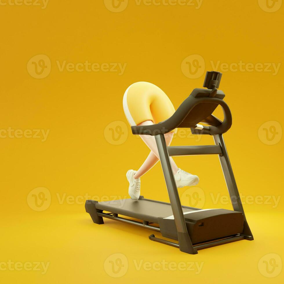 3d illustration of cartoon character slim legs running on treadmill isolated on yellow background. body parts concept gym and fitness Cardio training photo