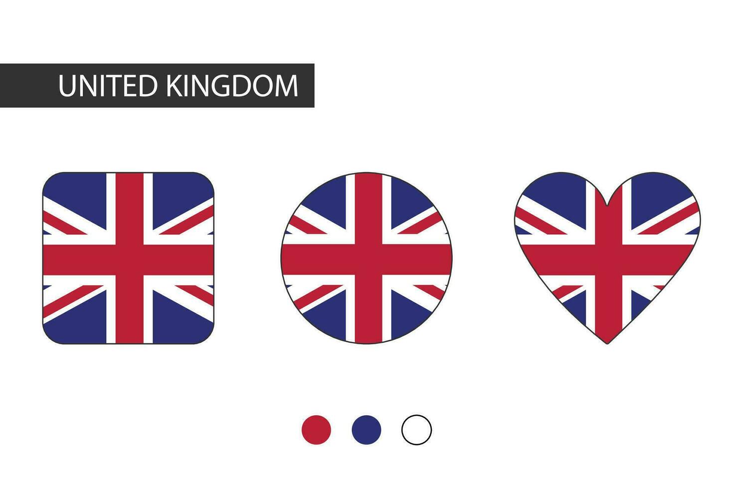 UK 3 shapes square, circle, heart with city flag. Isolated on white background. vector