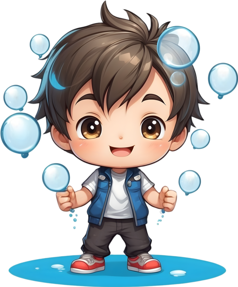 AI generated anime boy with balloons and a bubbles png