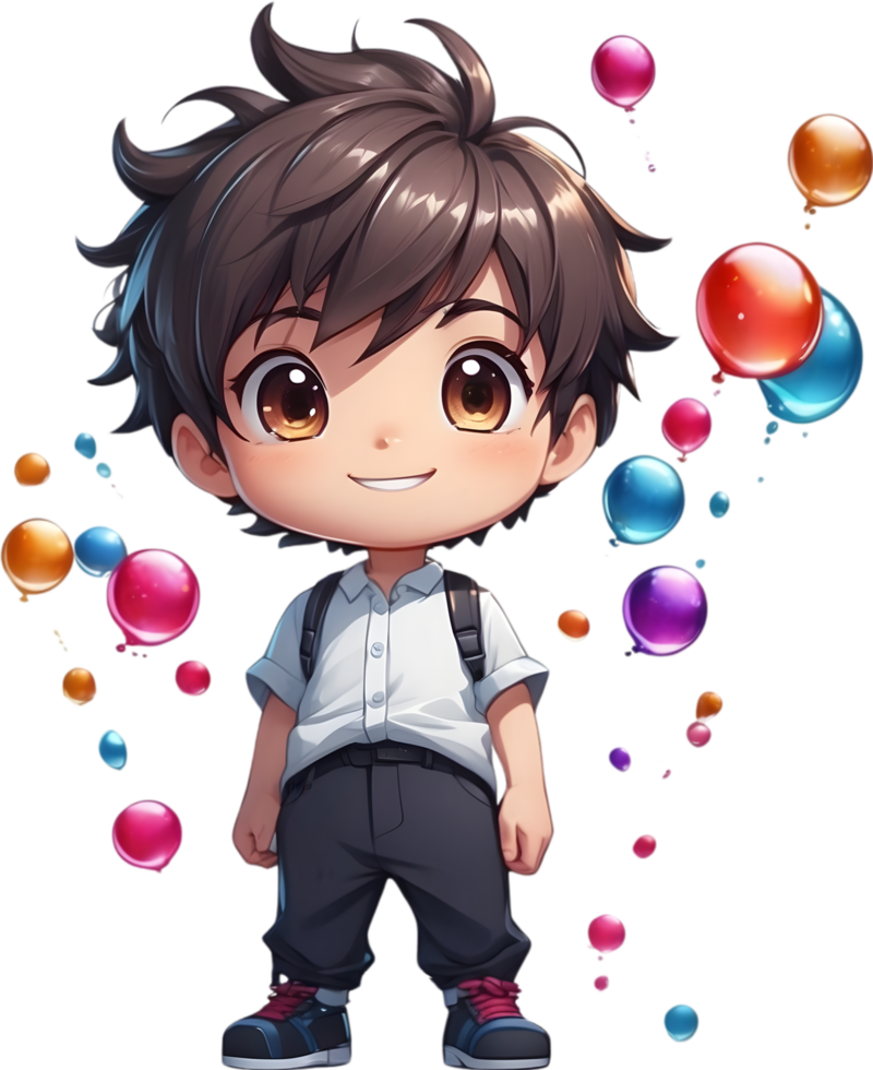AI generated anime boy with balloons and a bubbles png