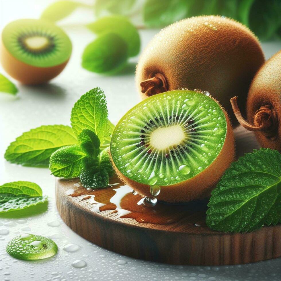 ai generado rebanada de kiwi Fruta con gotas agua foto