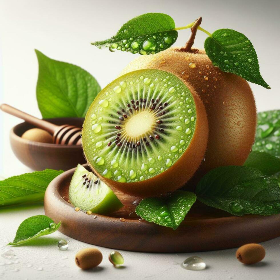 ai generado rebanada de kiwi Fruta con gotas agua foto