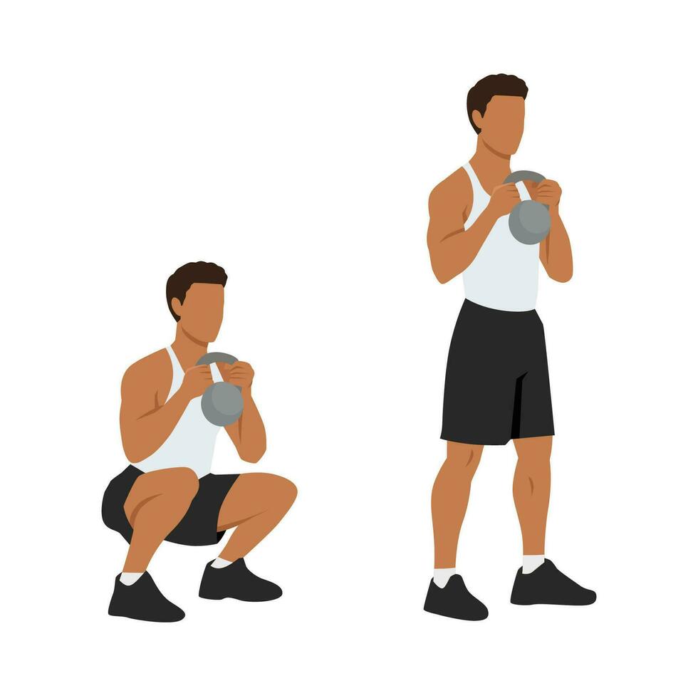 Man doing Smashbell training leg squat with kettlebell exercise. vector