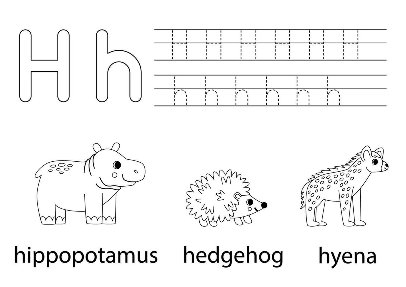 Trace uppercase and lowercase letter H. Animal alphabet for kids. vector