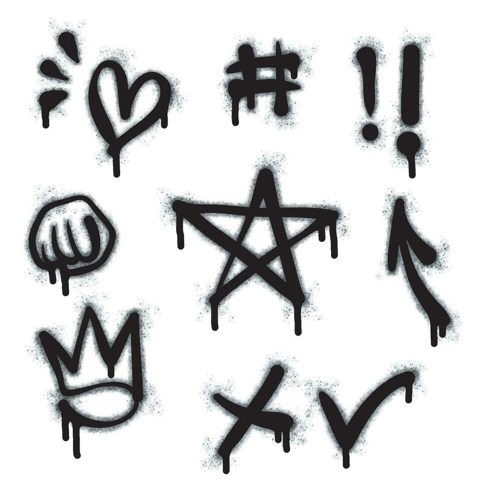 Graffiti drawing symbols set. Painted graffiti spray pattern of question mark, arrow, crown, star, fence and hand hitting. Spray paint elements. Street art style illustration. Vector. vector