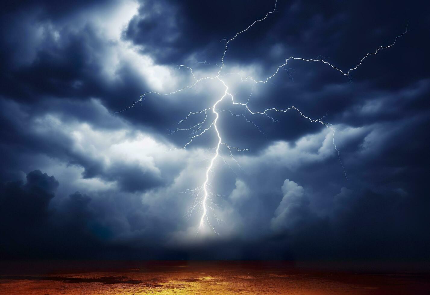 AI generated Lightning strikes on a cloudy dramatic stormy sky. AI Generated photo