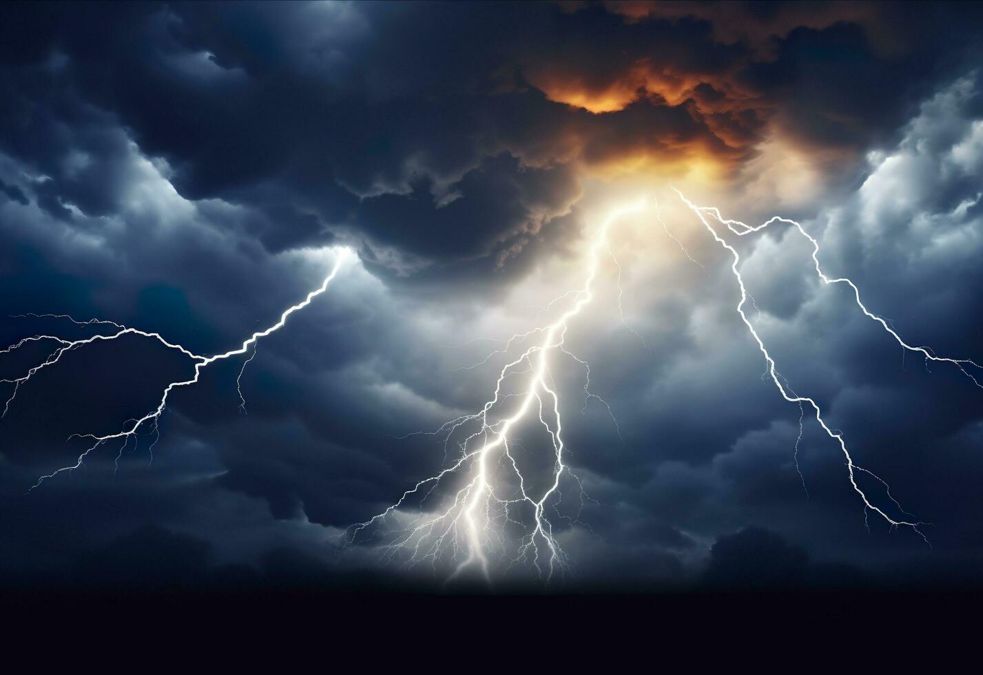 AI generated Lightning strikes on a cloudy dramatic stormy sky. AI Generated photo