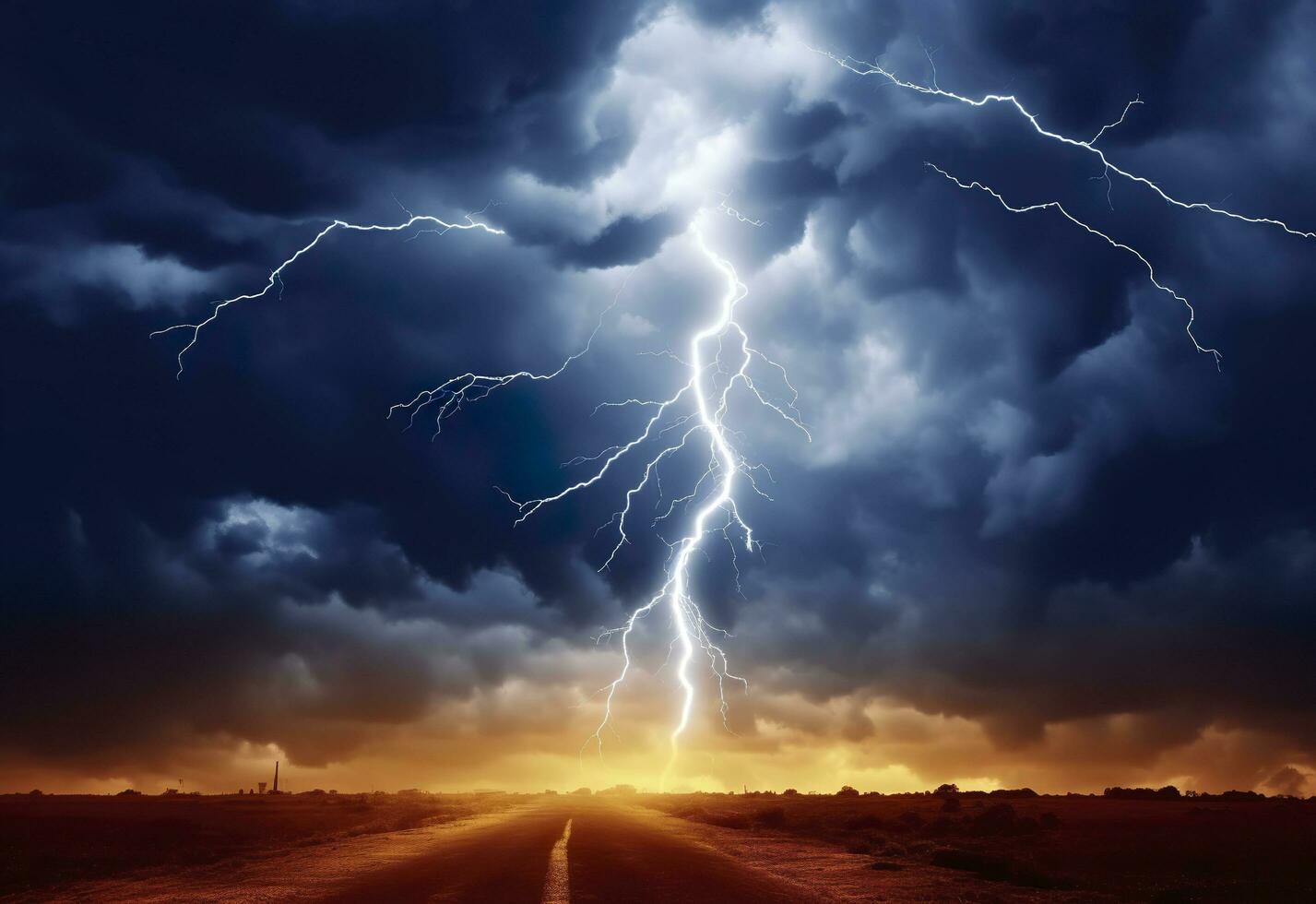 AI generated Lightning strikes on a cloudy dramatic stormy sky. AI Generated photo