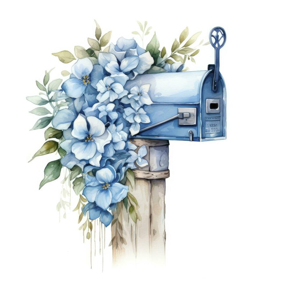 AI generated Watercolor light blue floral mailbox on a white background. AI Generated photo