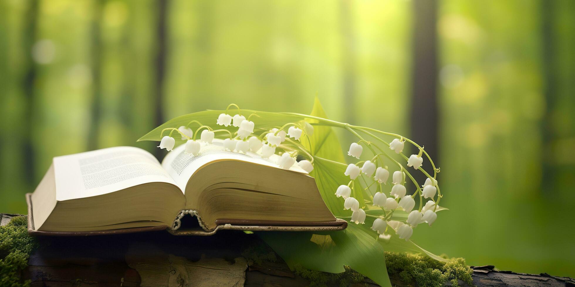 AI generated Lily of the Valley flowers and old books in the forest, green natural background. AI Generated photo