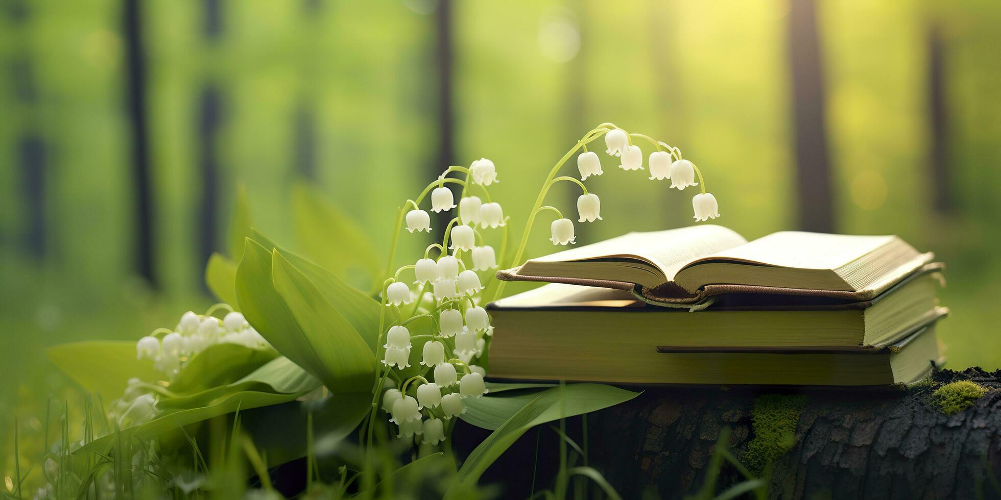 AI generated Lily of the Valley flowers and old books in the forest, green natural background. AI Generated photo