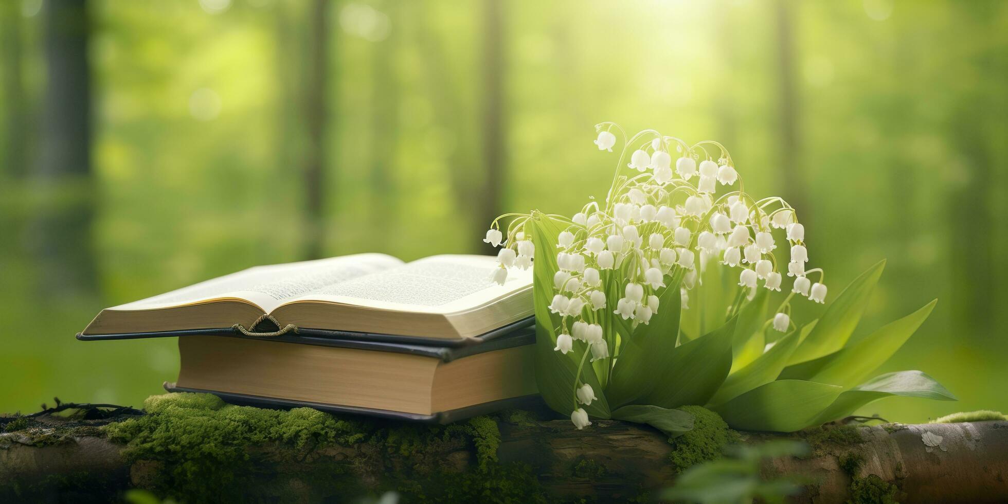 AI generated Lily of the Valley flowers and old books in the forest, green natural background. AI Generated photo