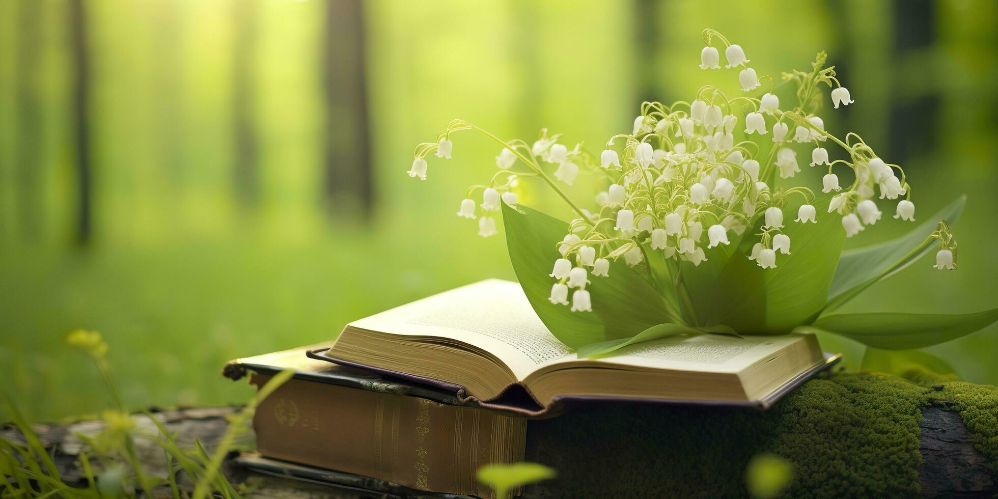 AI generated Lily of the Valley flowers and old books in the forest, green natural background. AI Generated photo