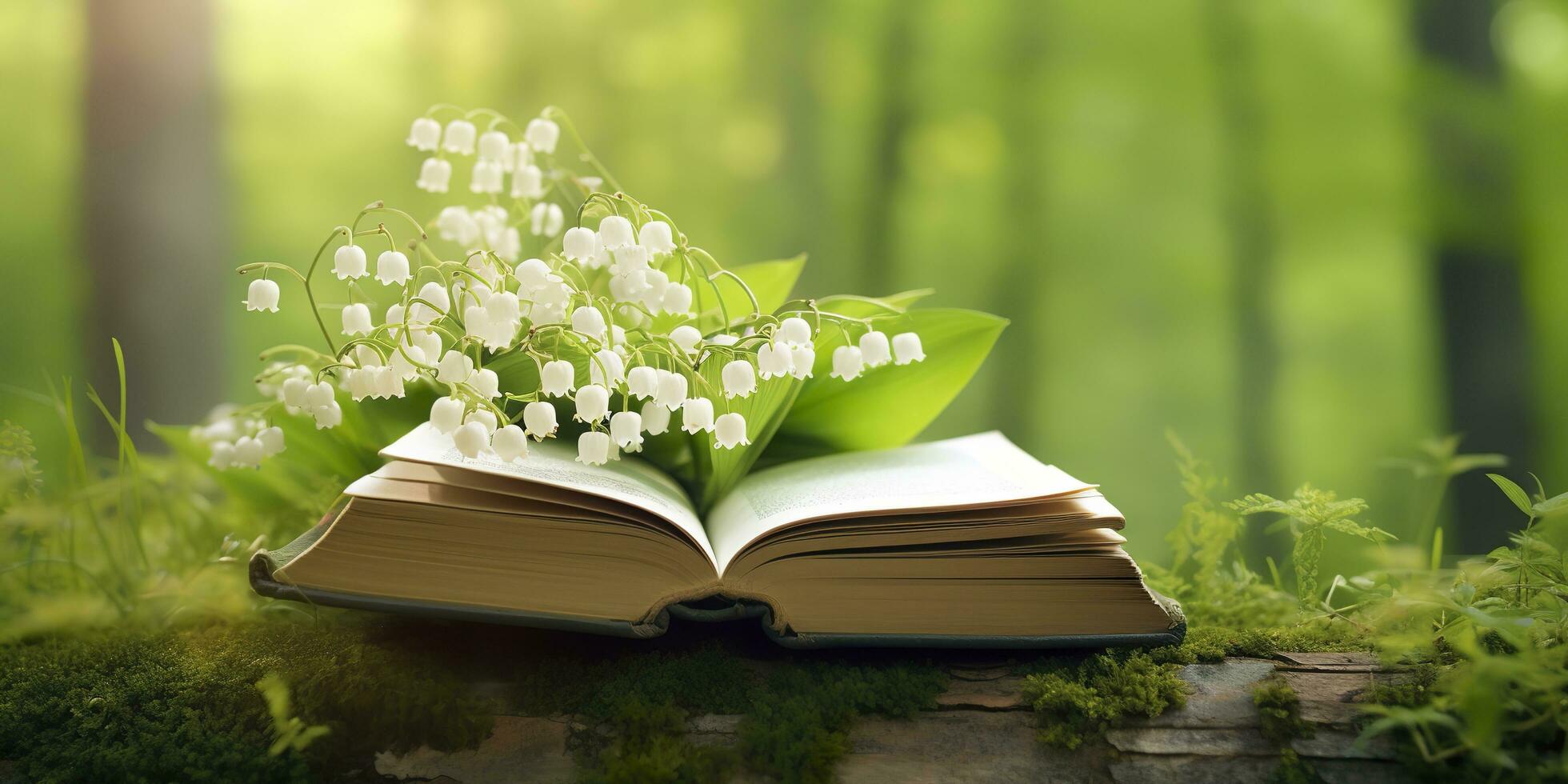 AI generated Lily of the Valley flowers and old books in the forest, green natural background. AI Generated photo