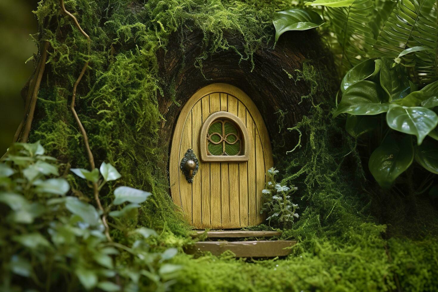 AI generated Little magic wooden fairy doors and plants leave on a mossy natural green background. AI Generated photo