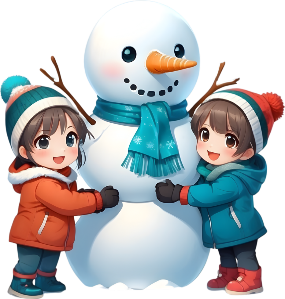 AI generated a cartoon snowman and cute kids png
