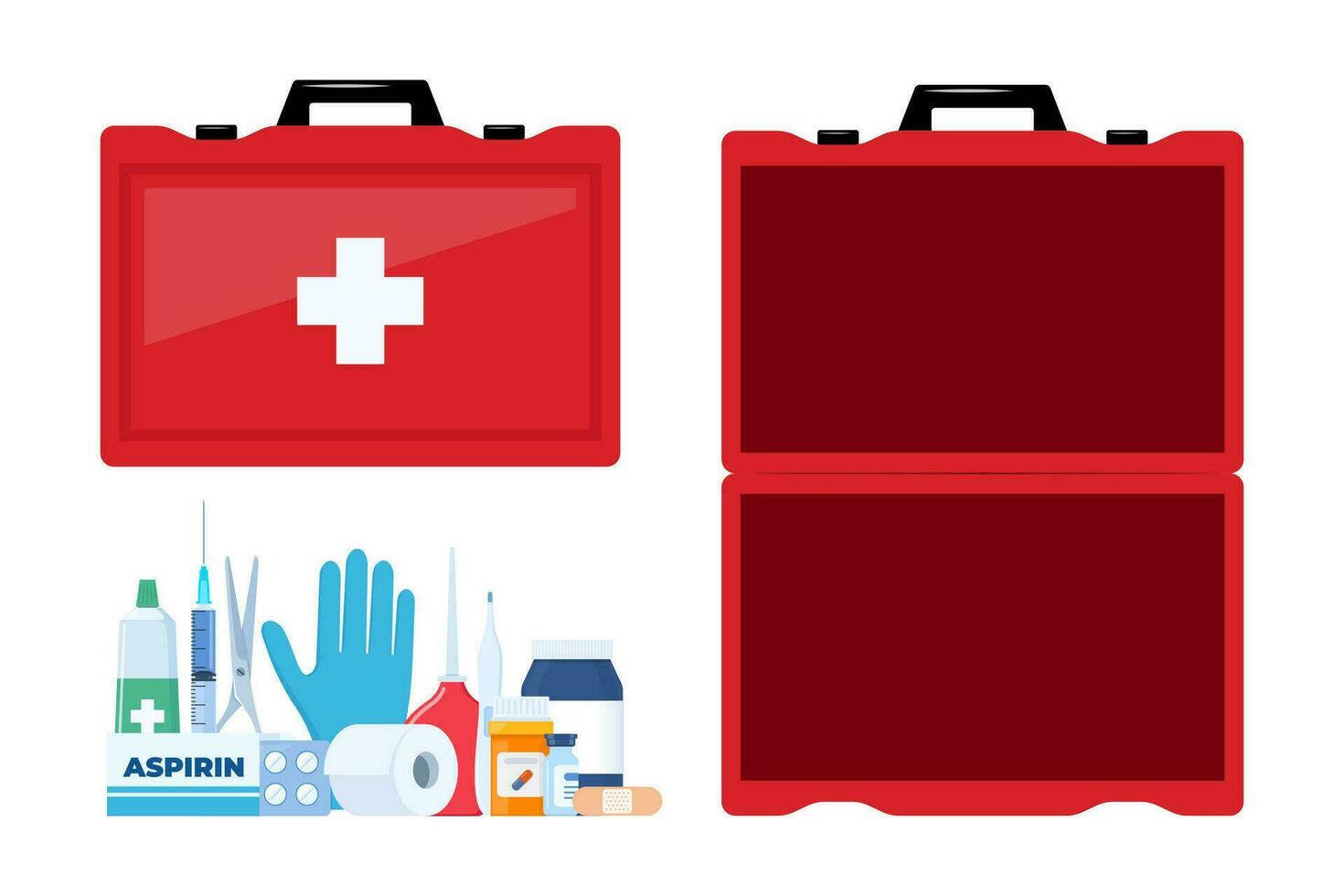 First Aid Kit for ambulance emergency, vehicle, office, travel. Medical help items. Plasters, pills, bandage, aspirin, thermometer. Elements for medical infographics. Vector illustration.