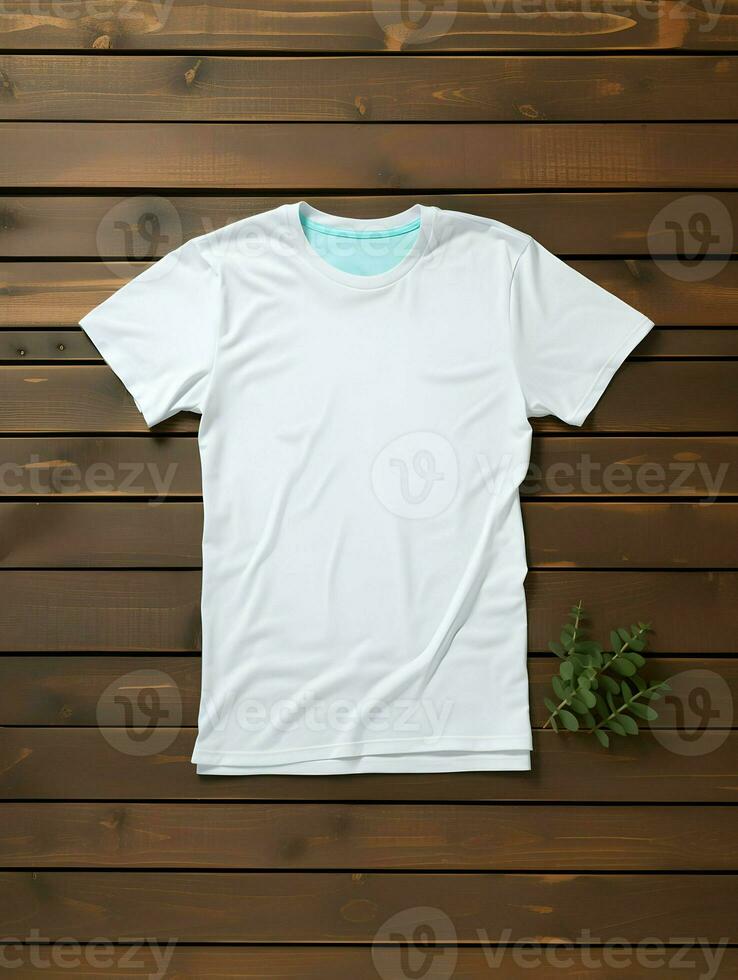 AI generated A mockup of a plain white t-shirt on a brown wood background. High-resolution. AI Generated photo