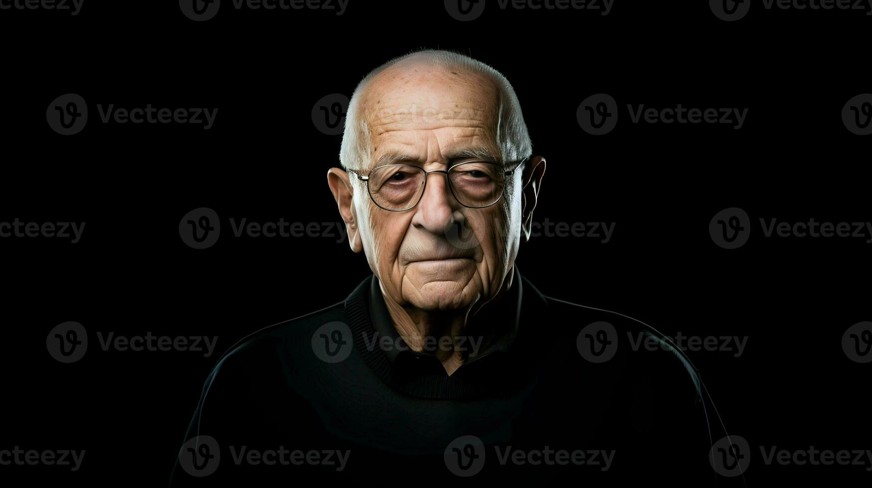 AI generated A portrait of an old moody man with dark brown eyes with glasses on a dark background. High quality. AI Generative photo