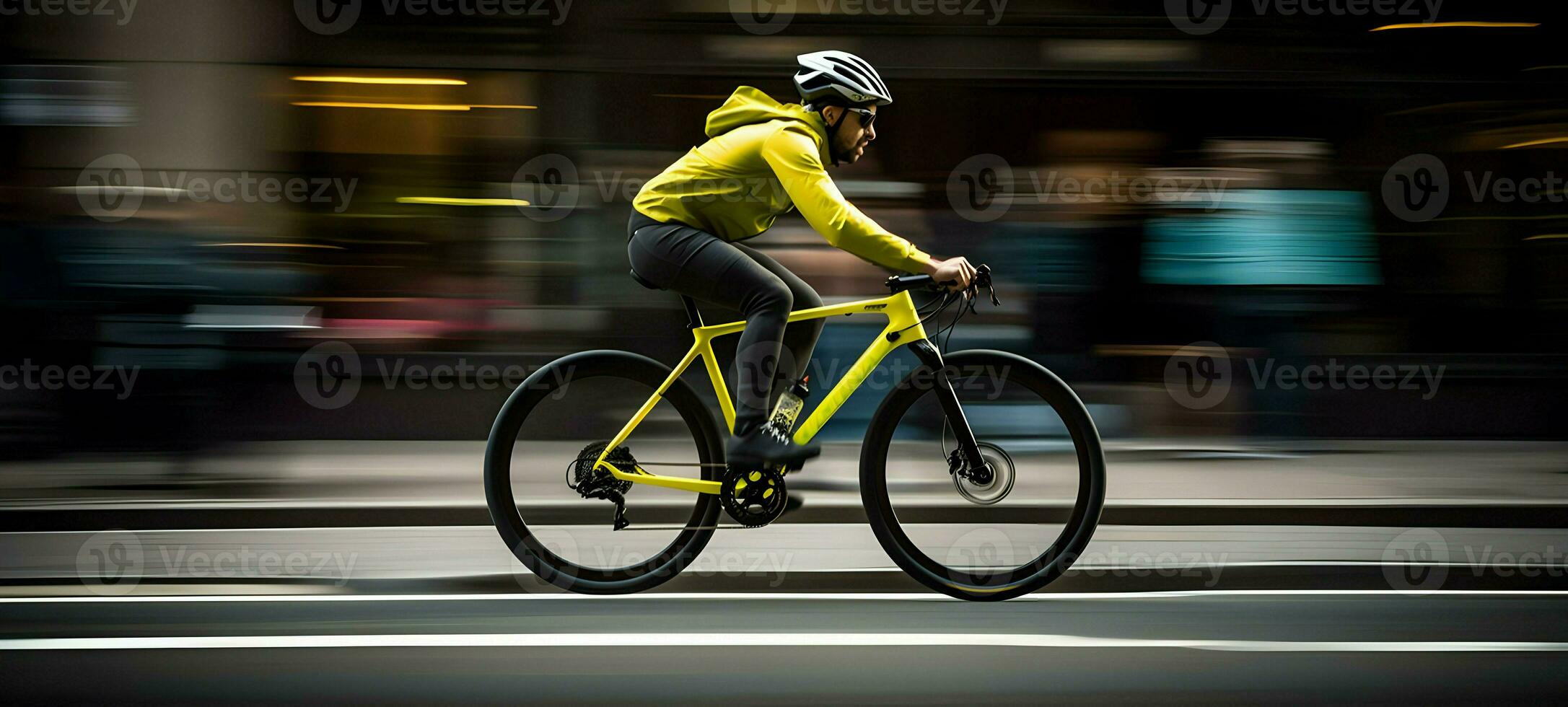 AI generated Side profile photography of a male rider on a yellow bicycle. High quality. AI Generative photo