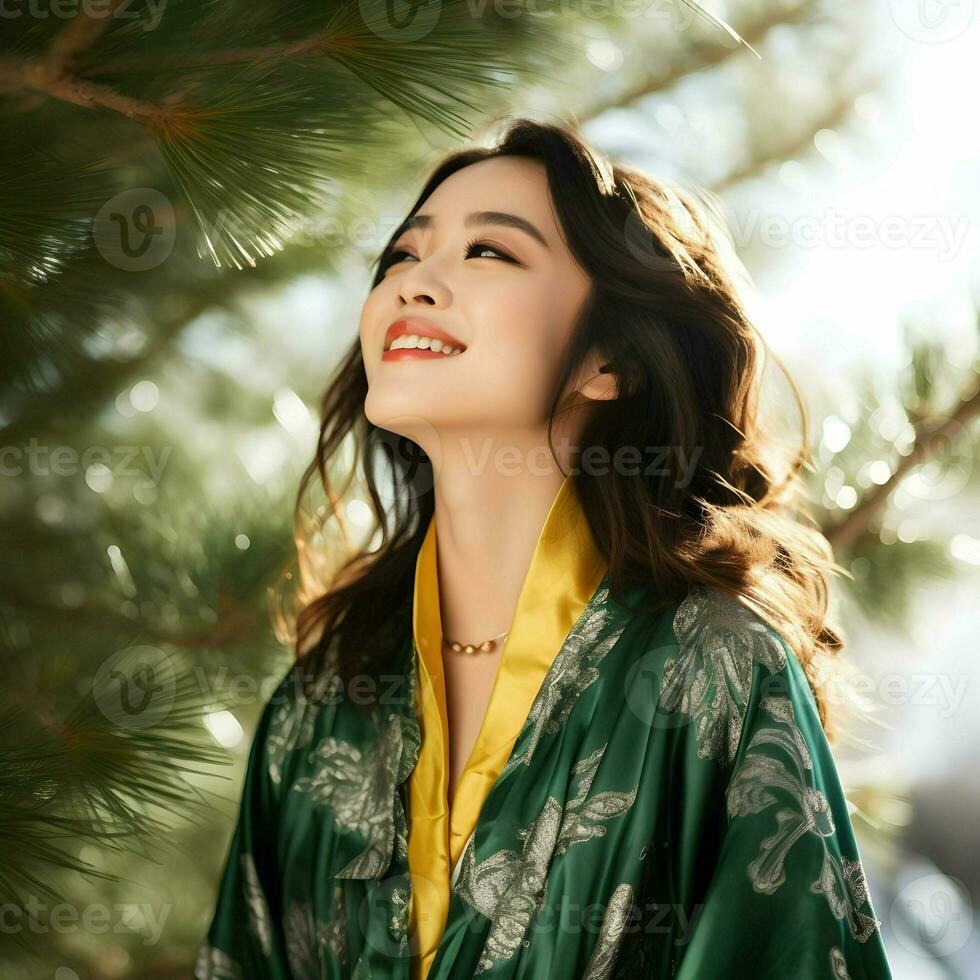 AI generated A Japanese super elegant and poised beautiful model in the winter forest. High quality. AI Generative photo