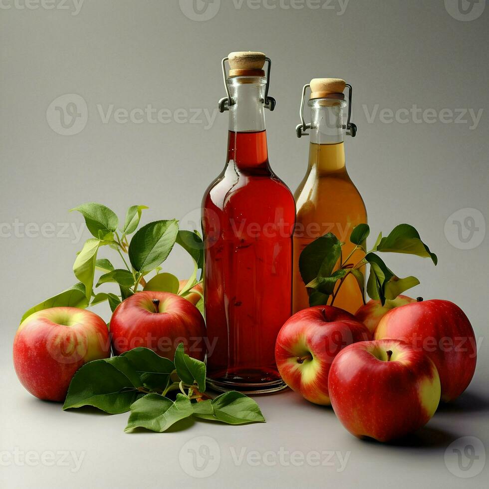 AI generated Apple juice in glass bottles with red apples around on the light background. High-resolution. AI Generative photo