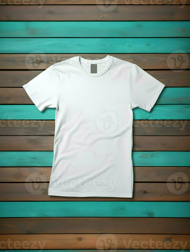 AI generated A mockup of a plain white t-shirt on a blue and brown wood background. High-resolution. AI Generative photo