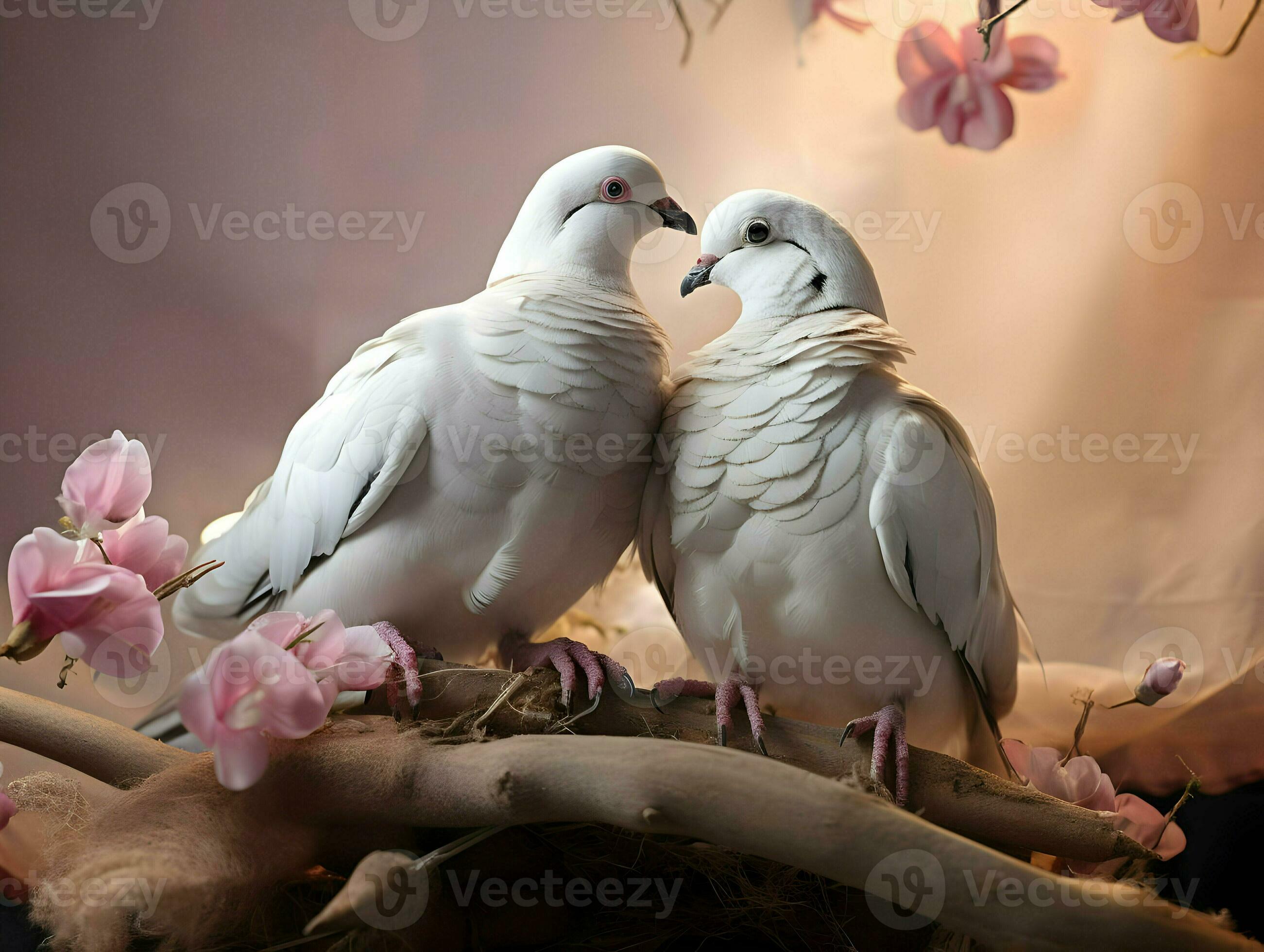 AI generated Love photo of cute white pigeons with pink