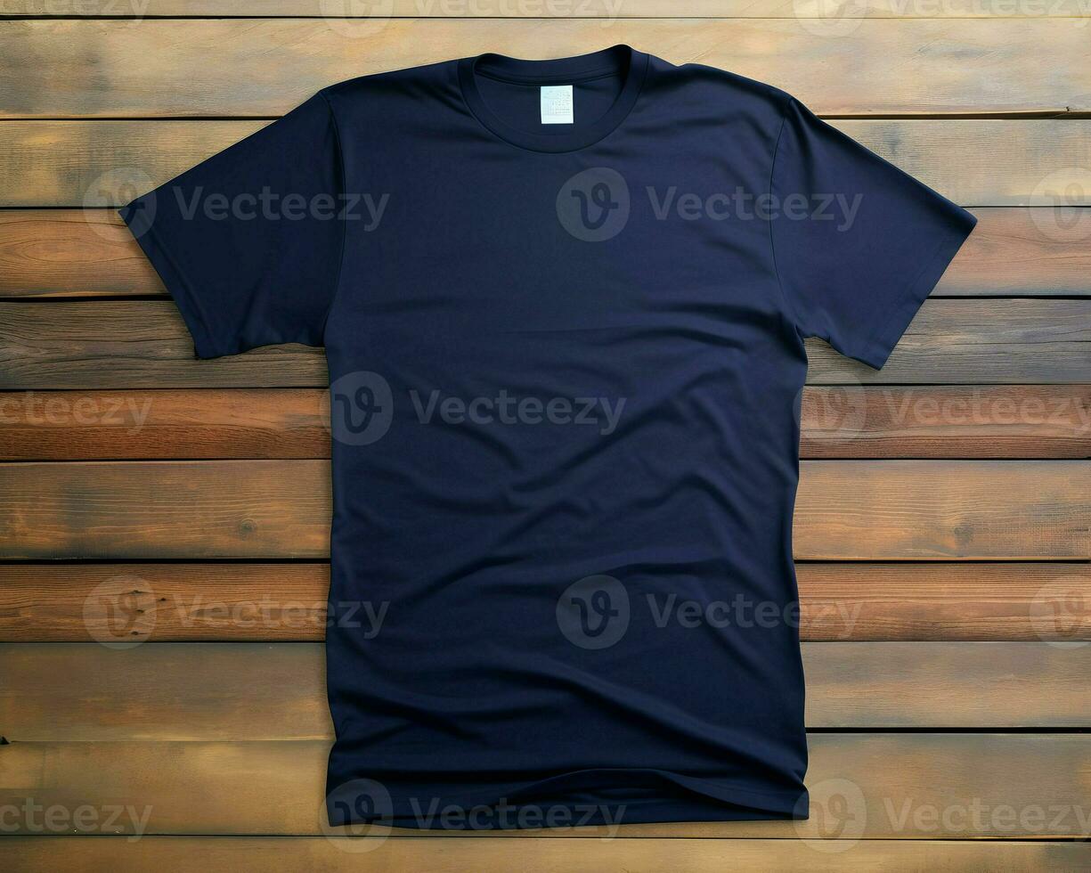 AI generated A mockup of a plain navy t-shirt on a wood background. High quality. AI Generative photo