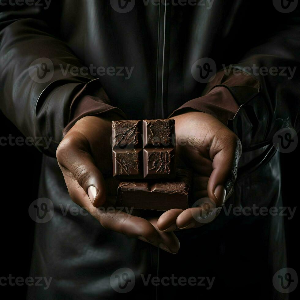 AI generated Hand-holding dark chocolate pieces. High-resolution. AI Generative photo