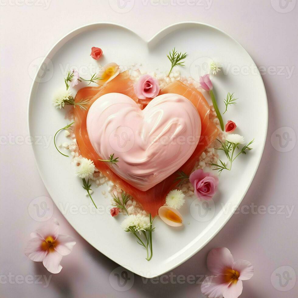 AI generated Pastel white heart-shaped plate with elegant modern food. Saint Valentine's day. High quality. AI Generative photo