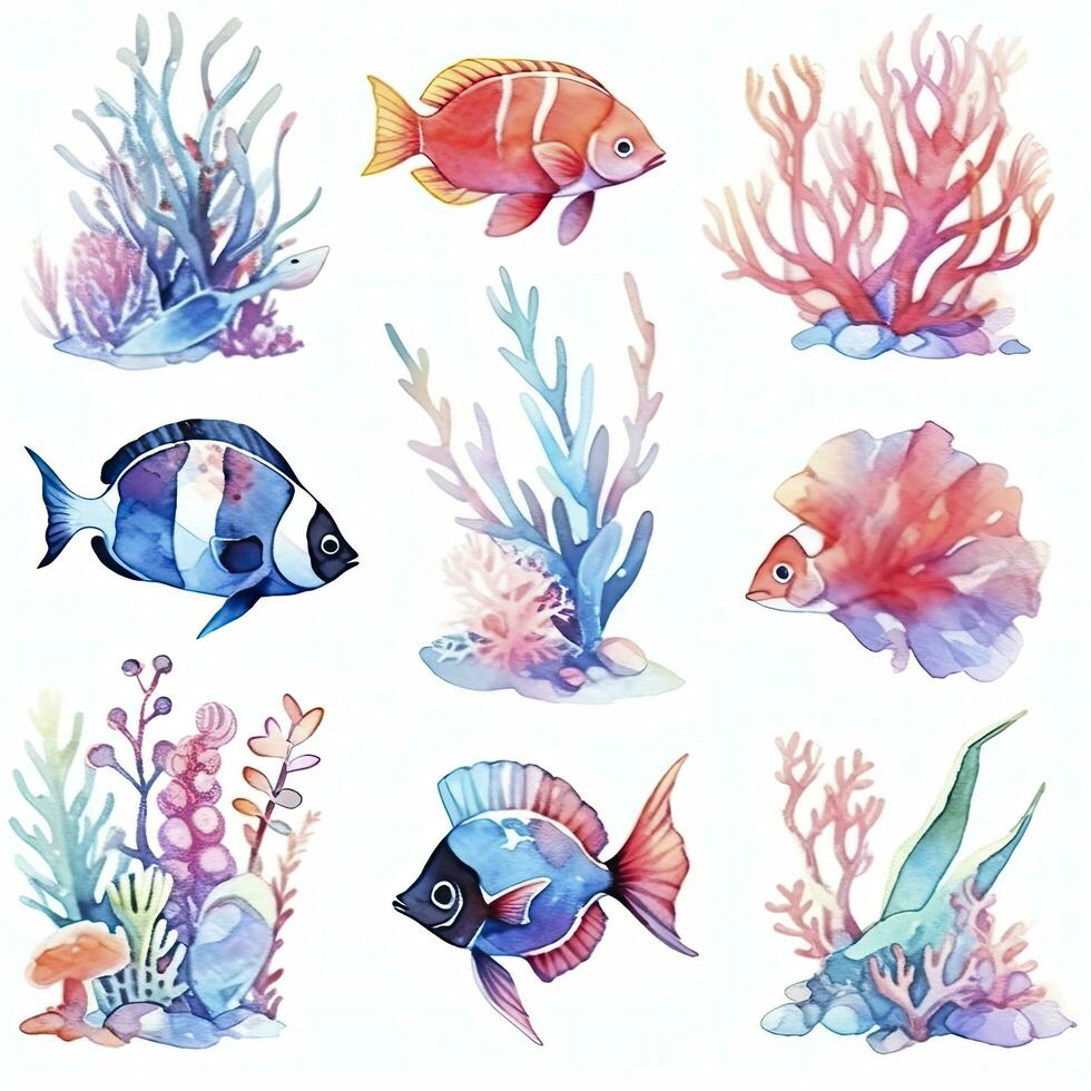 AI generated Underwater Sea element in watercolor on the white background. AI Generated photo