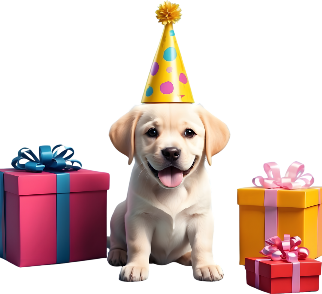AI generated dog with birthday hat and gift box png