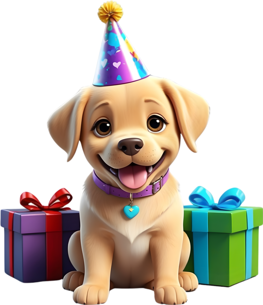 AI generated dog with birthday hat and gift box png