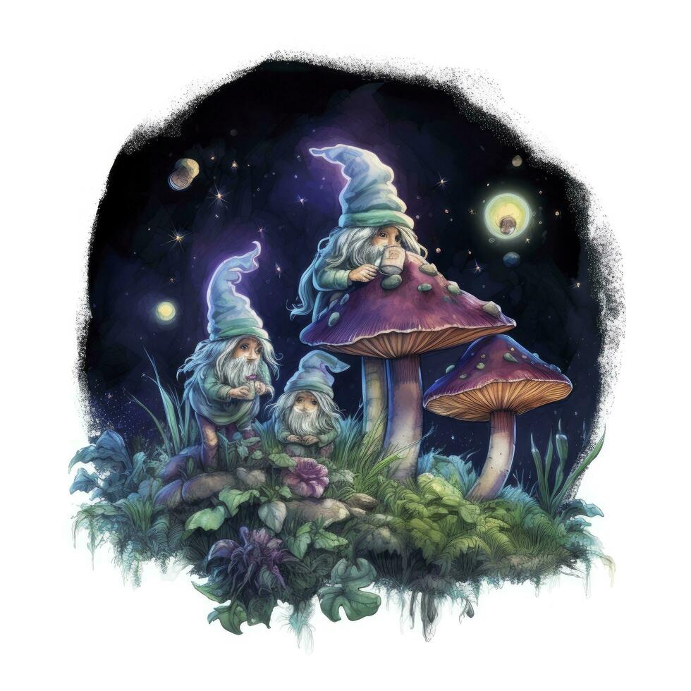 AI generated Watercolor Moonlit Glow of Enchanted Mushrooms for T-shirt Design. AI Generated photo