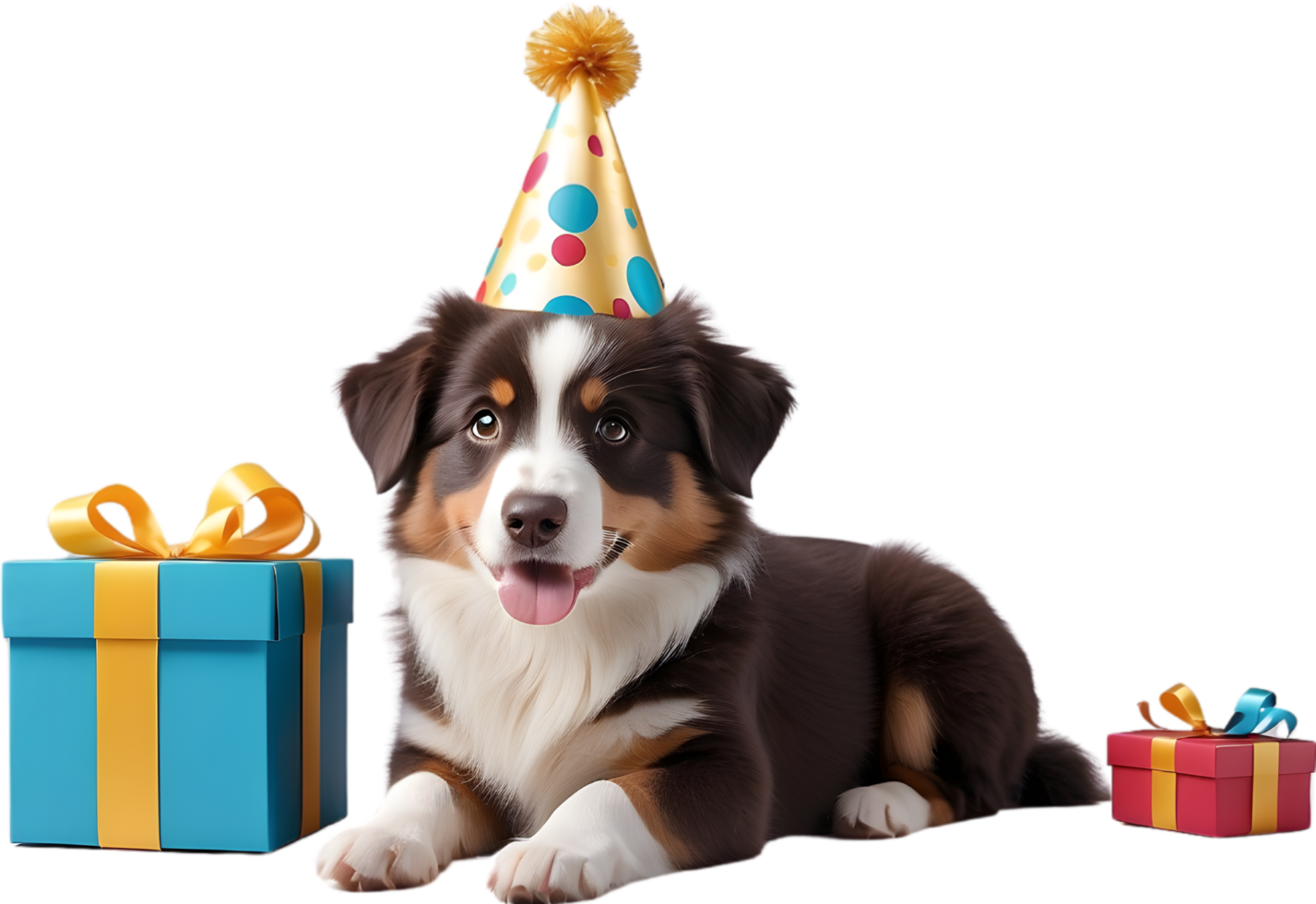 AI generated a dog with a birthday hat and presents png