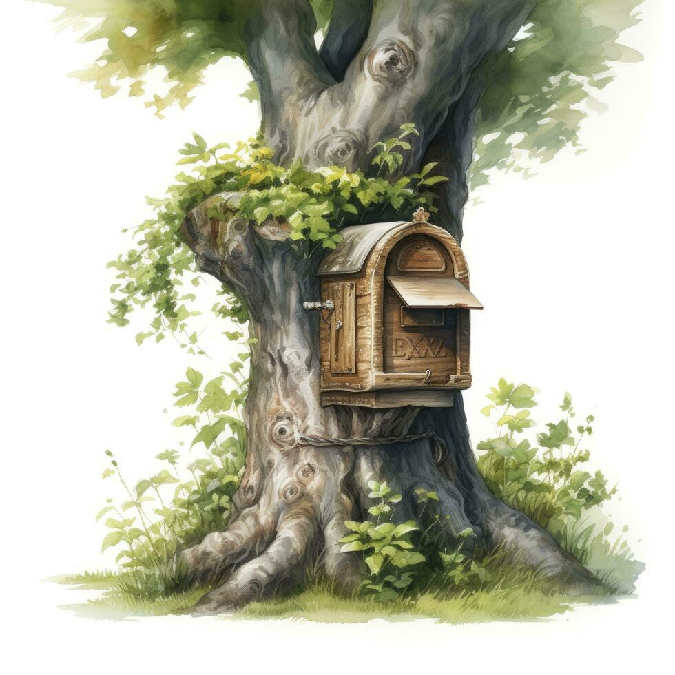 AI generated Watercolor mailbox in a tree on a white background. AI Generated photo
