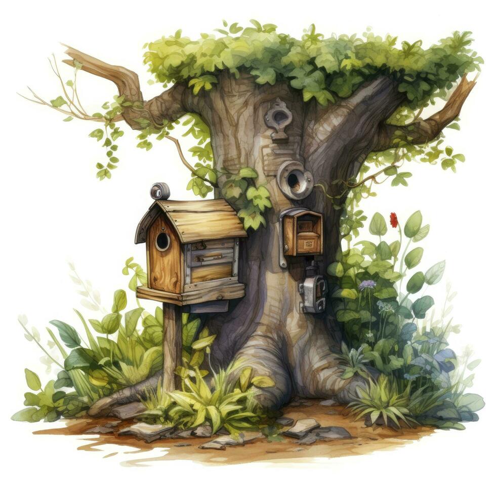 AI generated Watercolor mailbox in a tree on a white background. AI Generated photo