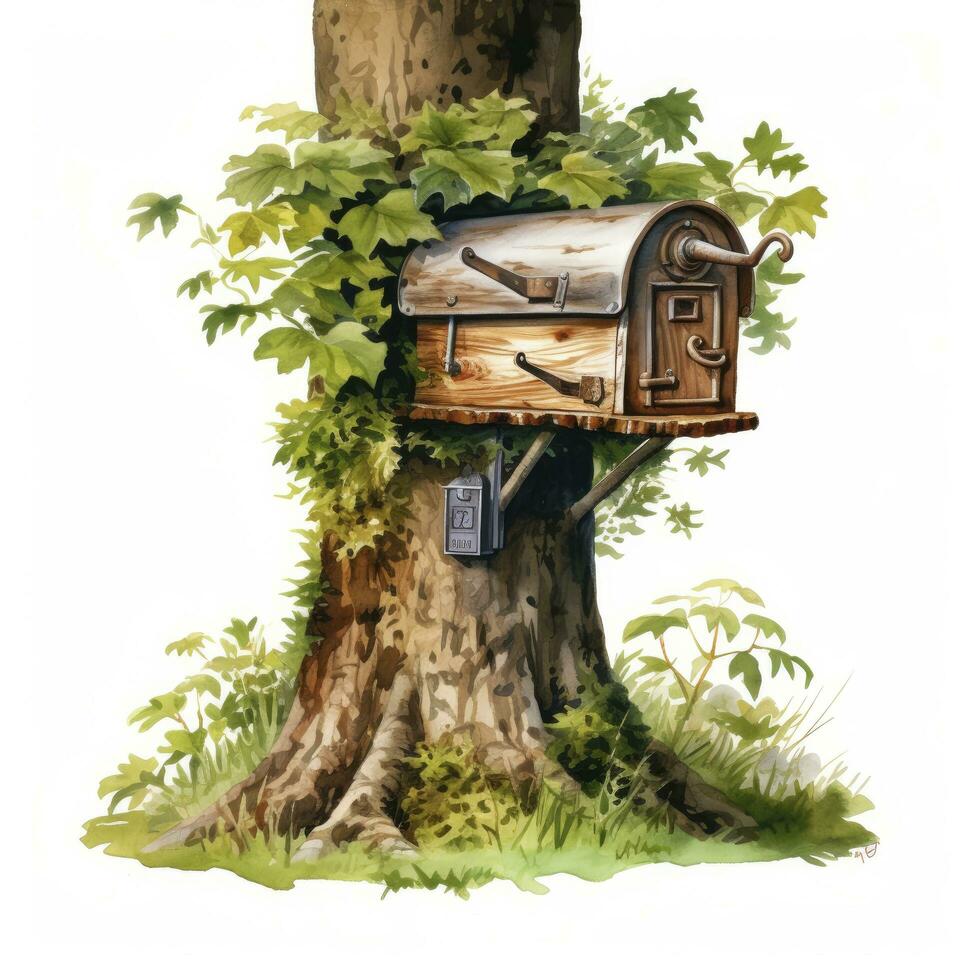 AI generated Watercolor mailbox in a tree on a white background. AI Generated photo