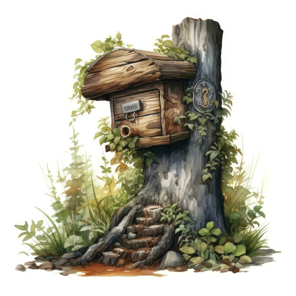 AI generated Watercolor mailbox in a tree on a white background. AI Generated photo