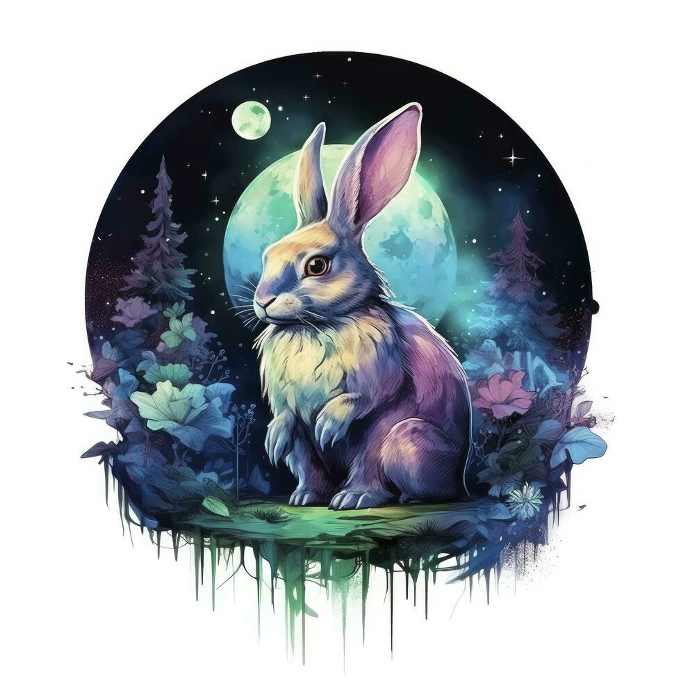 AI generated Watercolor Rabbit and Glowing Moon for T-shirt Design. AI Generated photo