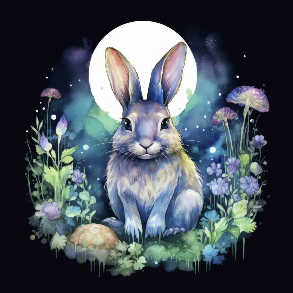 AI generated Watercolor Rabbit and Glowing Moon for T-shirt Design. AI Generated photo