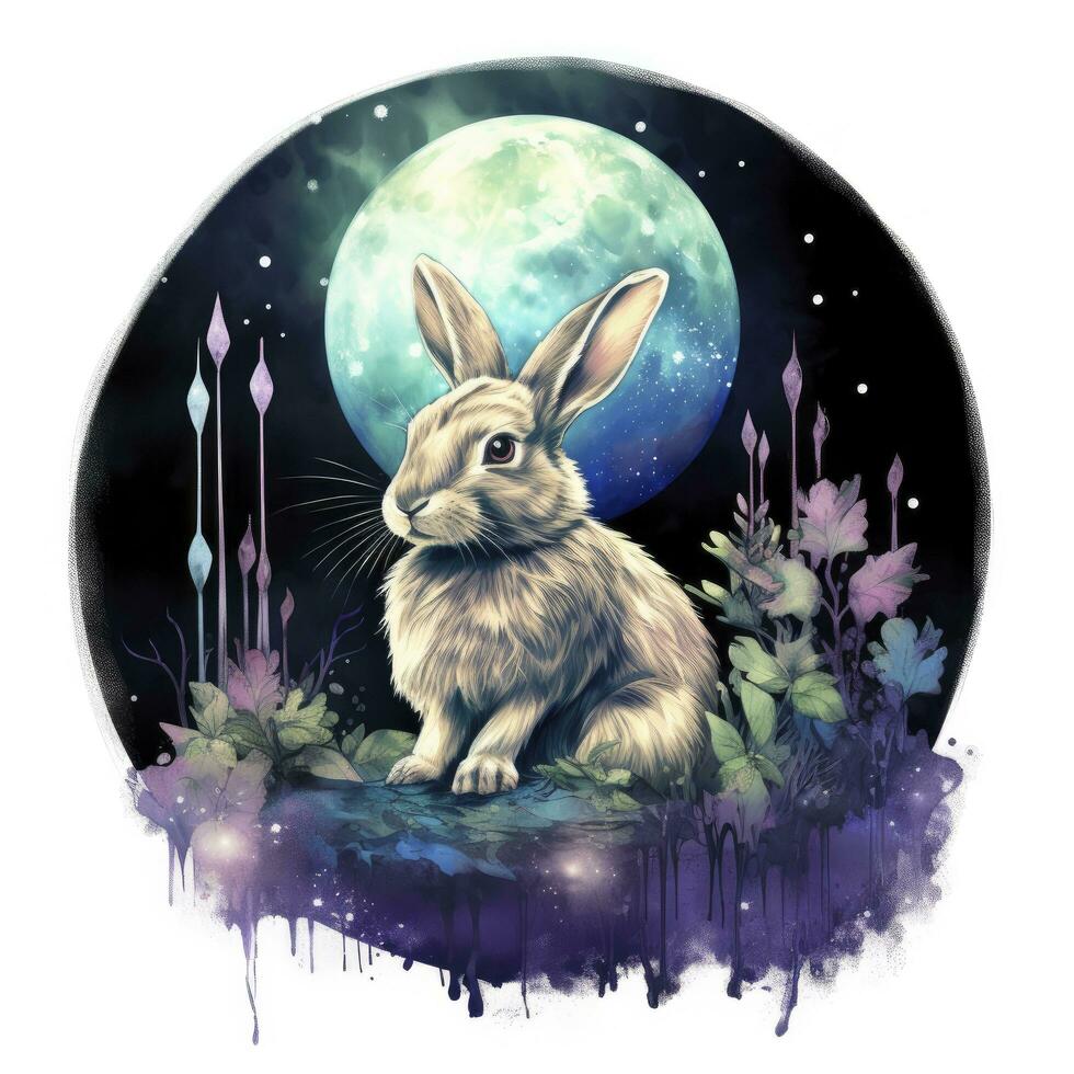 AI generated Watercolor Rabbit and Glowing Moon for T-shirt Design. AI Generated photo