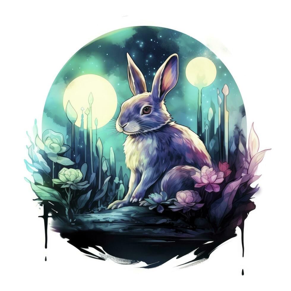 AI generated Watercolor Rabbit and Glowing Moon for T-shirt Design. AI Generated photo