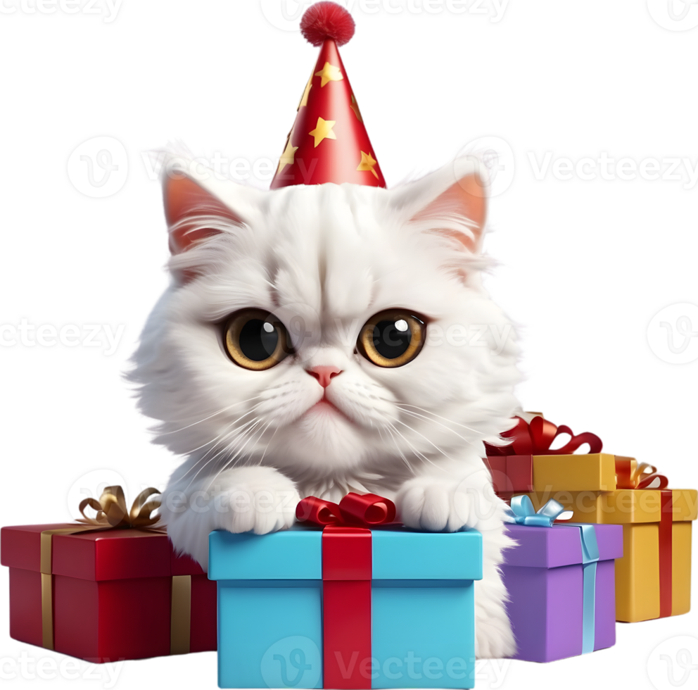 ai généré content anniversaire minou clipart avec fête chapeau et boite cadeau png