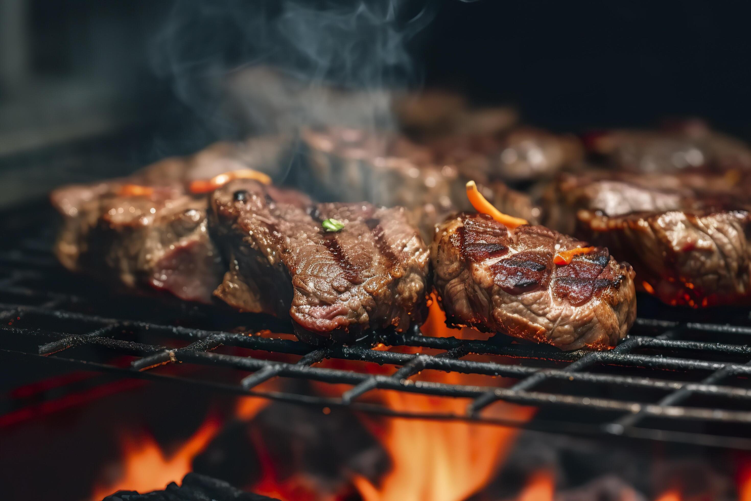 AI generated Meat grilling on a charcoal grill with smoke rising. AI
